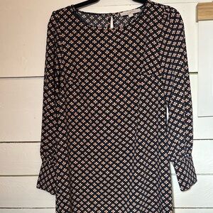 LOFT Black and White Sheath Dress with Cuffed Long Sleeves